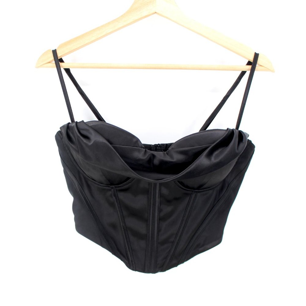 Black Satin Corset Bustier Top L Boned Padded Drape Cowl Neck Stretch Adj. Strap - Picture 8 of 15